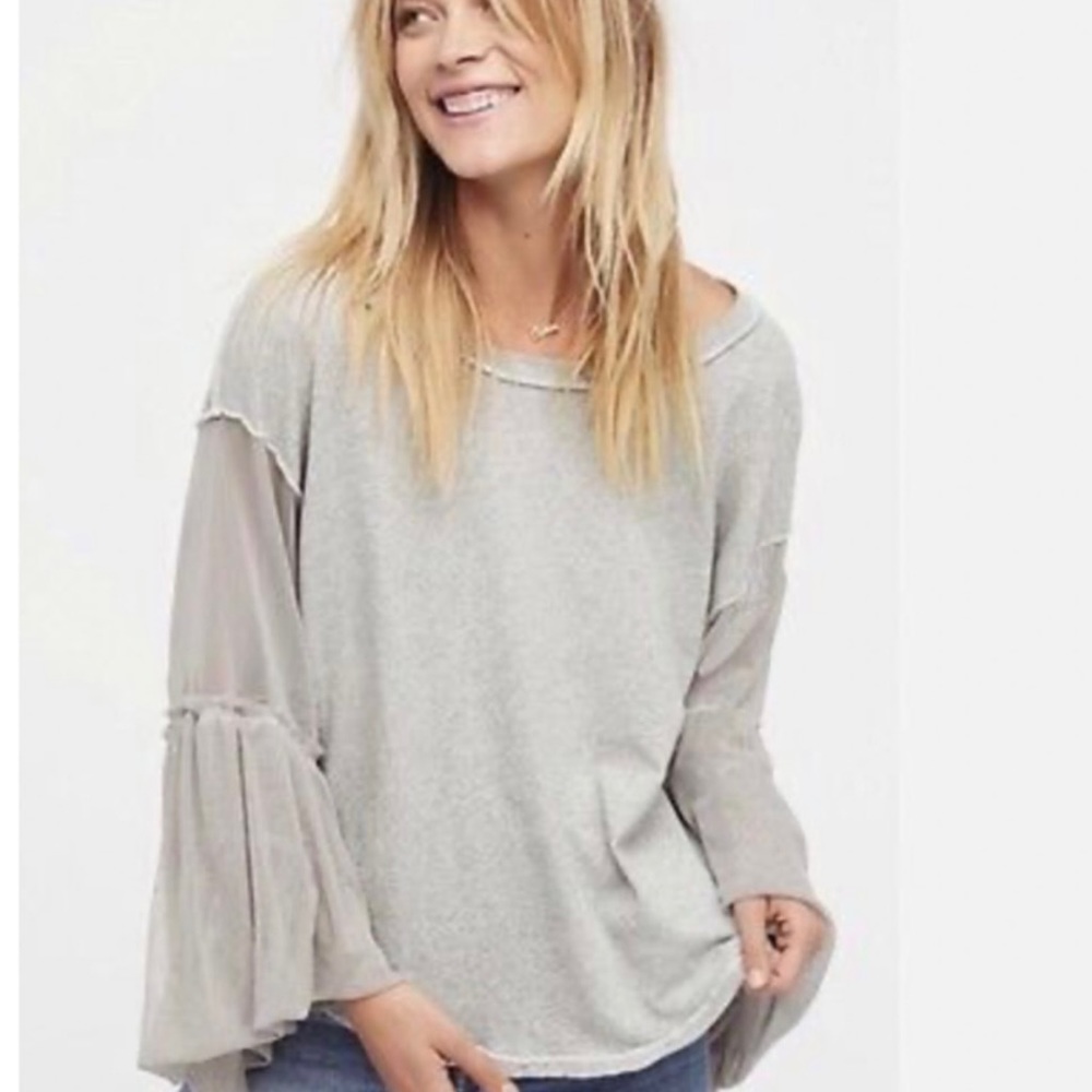 Free People Light Gray Mesh Sleeve Short Sleeve Top - Picture 2 of 8